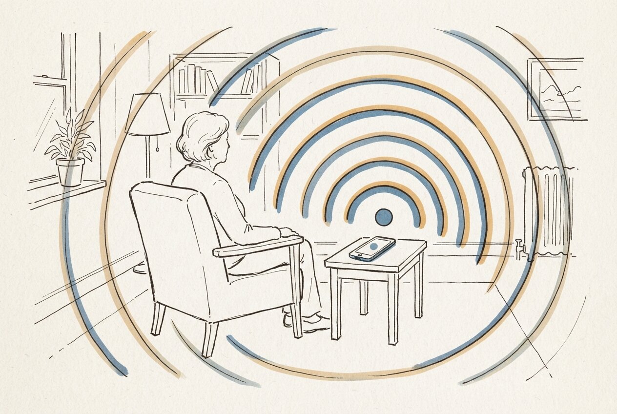Line drawing of an older woman sitting in an armchair, with concentric sound waves spreading across the room from a phone on the side table